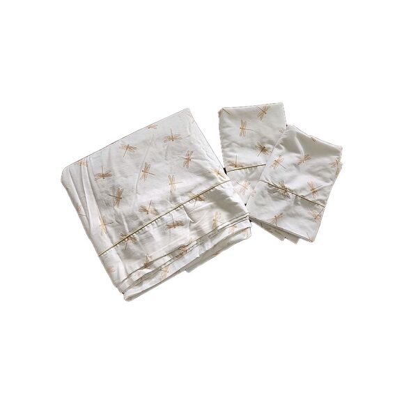 Cuddledown WHITE HONEY DRAGONFLY King Flat Sheet and 2 King Pillowcases READ